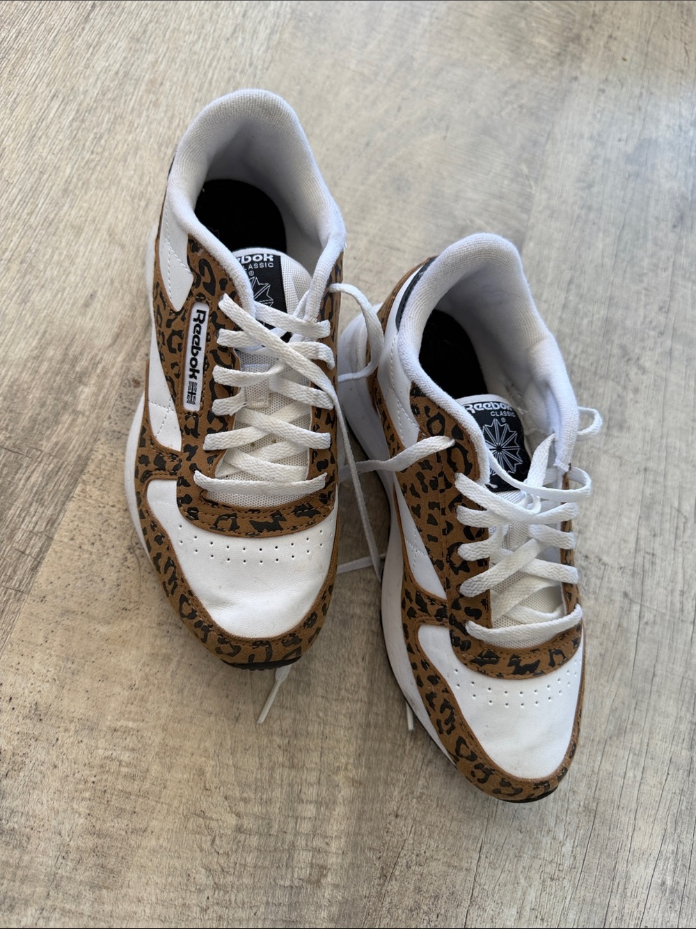 Reebok White and Brown Leopard Print Low-Top Sneakers
